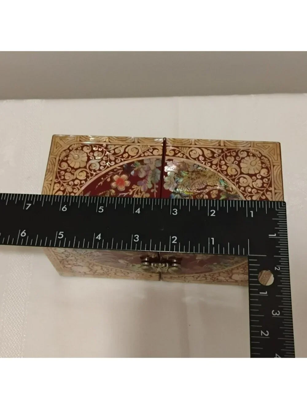 Vintage Korean Mother of Pearl Jewelry Box Red Lacquerware Folding 4 Drawer